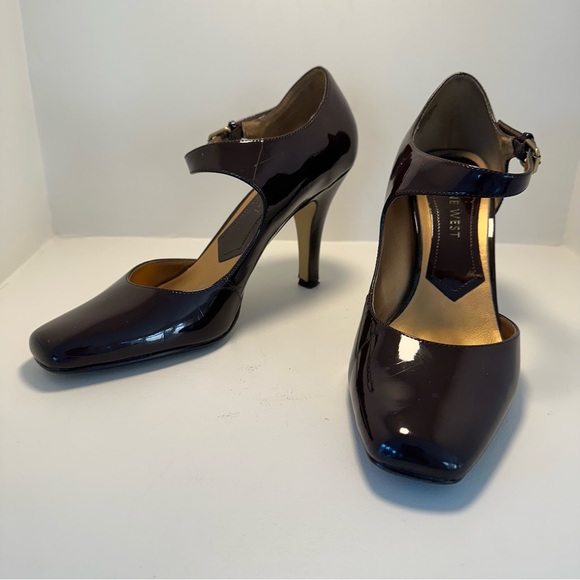 NINE WEST Patent Leather Brown Mary Jane Sandal Heel Ankle Strap Size 8.5 - Picture 2 of 11
